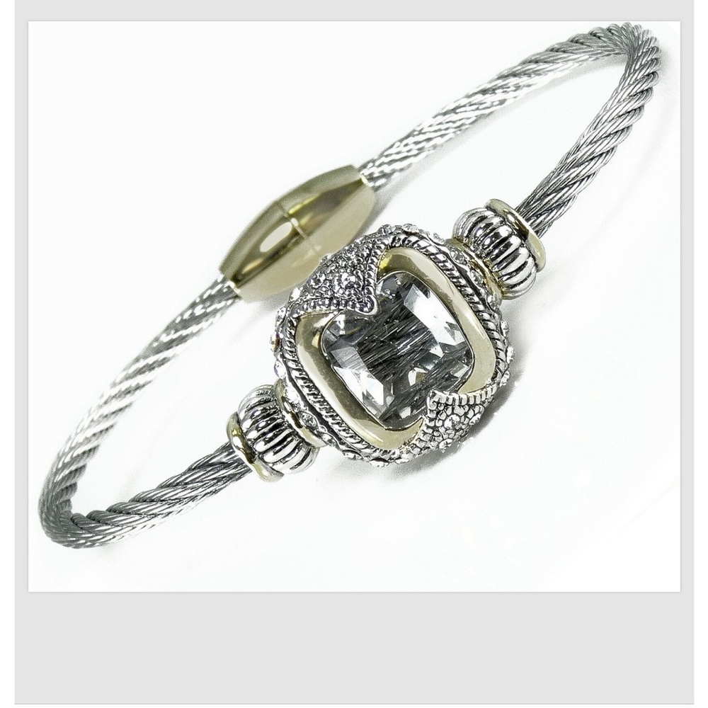 Women's Cubic Zirconia Bracelet Bangle Clear Silver Gold Magnetic Cable Wire 7"